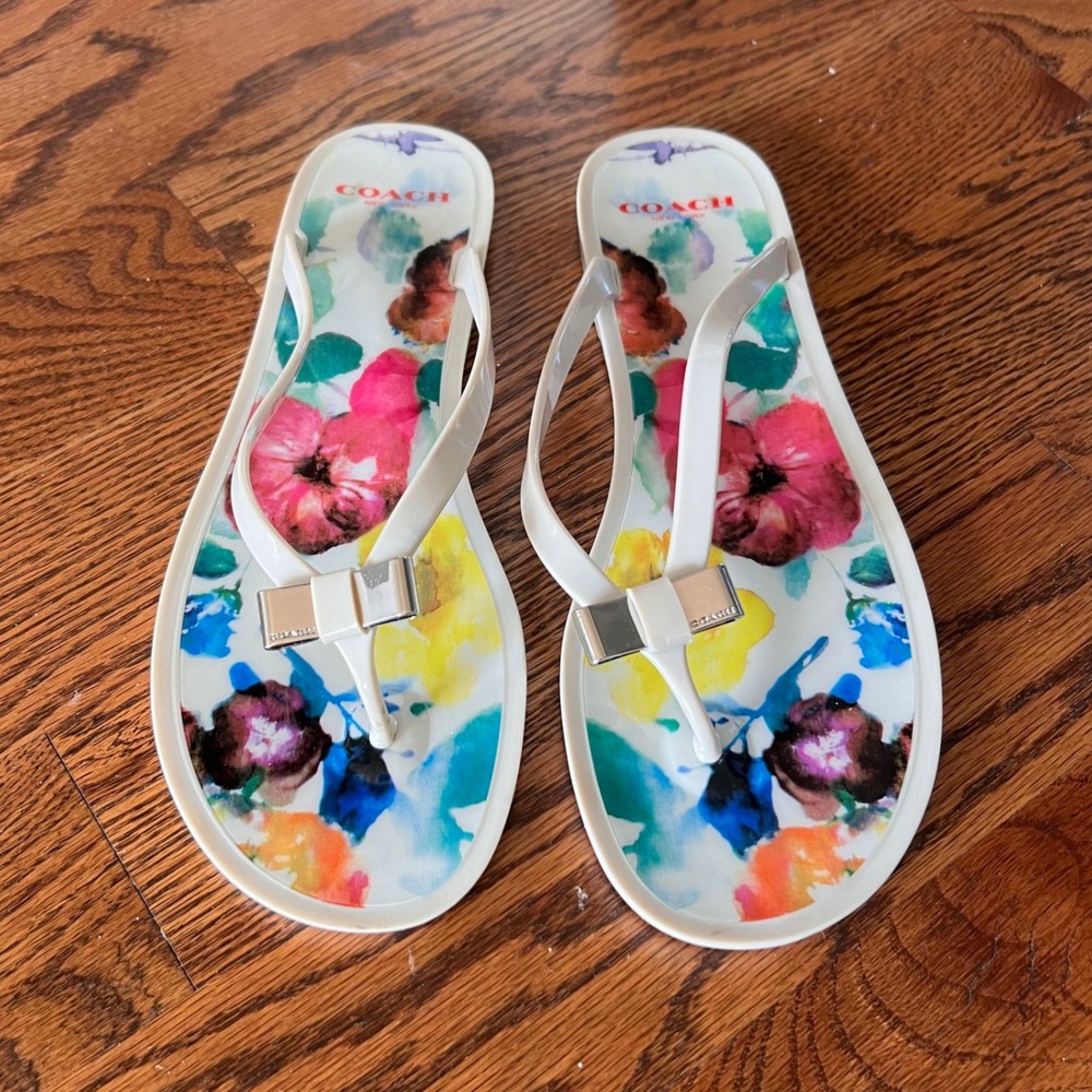 Coach Landon Iconic Logo Jelly Bow Thong Flip Flop Floral Watercolor Sandals 10B